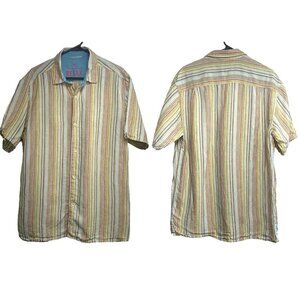 TOMMY BAHAMA Men Linen Shirt Sz L Multicolor Button Front Short Sleeve Stripe
